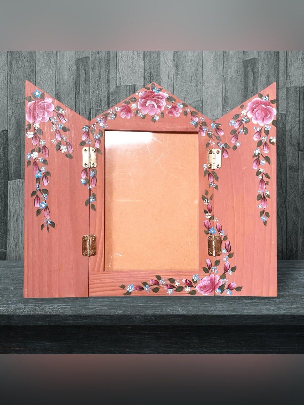 Handpainted Wooden Picture Frame Cottagecore Shabby Chic Roses & Forget-Me-Nots